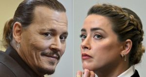 Esta combinación de dos fotos separadas muestra a los actores divorciados Johnny Depp, a la izquierda, y Amber Heard en la sala del tribunal de circuito del condado de Fairfax en Fairfax, Virginia, el martes 3 de mayo de 2022. Depp demandó a Heard por difamación en el tribunal de circuito del condado de Fairfax después de que ella escribió un artículo de opinión en The Washington Post en 2018 refiriéndose a sí misma como una "figura pública que representa el abuso doméstico". (Jim Watson/Fotos de la piscina vía AP)
