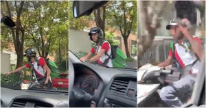 Un presunto repartido de comida fue captado en video cuando golpeaba a un carro en Polanco. Foto: Especial.