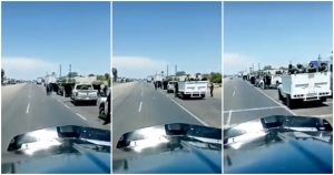 En las imágenes difundidas a través de redes sociales y aparentemente captadas desde un tráiler que circulaba en ese momento sobre la carretera, se observan al menos nueve camionetas con alrededor de 30 sujetos armados. Foto: Captura de video.