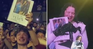 El fan le entregó su tesis como regalo a Rosalía en uno de los conciertos que ella ofreció en Monterrey, Nuevo León. Foto: Especial, Captura de pantalla. 