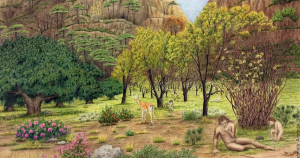 Un padre y su hijo neandertal en el paisaje que rodeaba la cueva de Bolomor, en el levante español. La ilustración está basada en datos científicos. Foto: Gabriela Amorós, Author provided