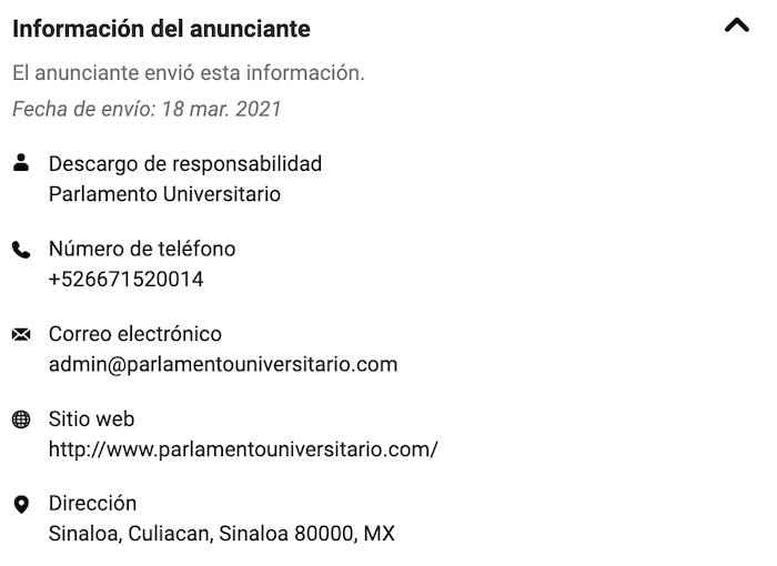 Hay también una cuarta página que utiliza el mismo número de contacto es el sitio Parlamento Universitario, que reproduce piezas de contenido firmadas por Álvaro Aragón Ayala y promociona a Proyecto 3.