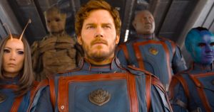 En esta imagen proporcionada por Marvel Studios, Pom Klementieff como Mantis, de izquierda a derecha, Groot (con la voz de Vin Diesel), Chris Pratt como Peter Quill/Star-Lord, Dave Bautista como Drax y Karen Gillan como Nebula en una escena de "Guardians of the Galaxy Vol. 3". Foto: Marvel-Disney vía AP. 