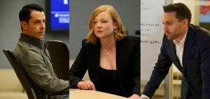 La combinación de tres fotos muestra, izquierda a derecha, a Jeremy Strong como Kendall Roy, Sarah Snook como Siobhan (Shiv) Roy y Kieran Culkin como Roman Roy, de la serie de HBO "Succession". Foto: HBO via AP. 