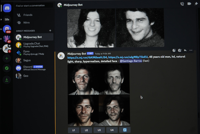 La pantalla de la computadora de Santiago Barros muestra fotografías antiguas de la pareja formada por María Eugenia González y Néstor Óscar Junquera, que desaparecieron durante la dictadura de 1976-1983, encima de las imágenes generadas por una aplicación de inteligencia artificial llamada que intentan recrear cómo se verían hoy su hijo robado, en Buenos Aires, Argentina, el jueves 2 de agosto de 2023.