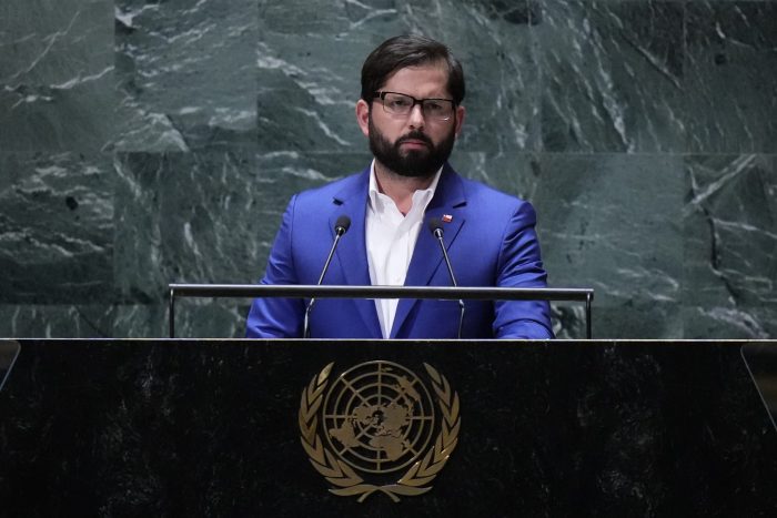 El Presidente de Chile, Gabriel Boric, en su intervención ante la reunión anual de la Asamblea General de Naciones Unidas, el miércoles 20 de septiembre de 2023, en la sede de la ONU en Nueva York.