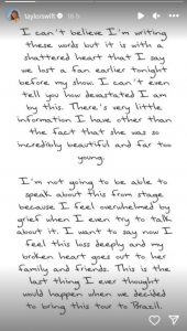 Taylor Swift comunicó a través de sus redes sociales algunas palabras en memoria de la fanática que perdió la vida durante el show del 17 d enoviembre en Río de Janeiro.