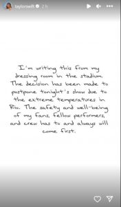 Taylor Swift pospuso su segundo show en Río de Janeiro a raíz de las altas temperatura que abrían ocasionado el fallecimiento de una swiftie brasileña de 23 años. Foto: Instagram @taylorswift