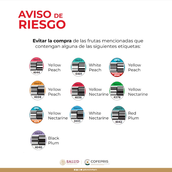 La Comisión Federal para la Protección contra Riesgos Sanitarios (Cofepris) alertó por posible presencia de la bacteria Listeria monocytogenes en frutas como melocotón (durazno), ciruela y nectarina de la marca HMC Farms, distribuidas en nuestro país.