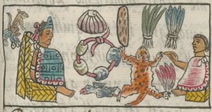 Detalle del Códice Florentino donde se ve a comerciantes presentando mercancías a Ahuitzotzin. Foto: Instituto Getty, Biblioteca Medicea Laurenziana