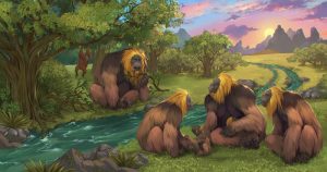 Esta ilustración, proporcionada por investigadores, muestra a simios de la especie Gigantopithecus blacki en un bosque en la región Guangxi del sur de China. Foto: Garcia, Universidad Southern Cross vía AP