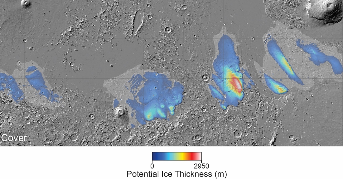 Superficie planetaria gris con manchas de colores. Las manchas son azules en el exterior, luego se vuelven verdes, amarillas, naranjas, rojas y luego blancas hacia el centro. Una escala en la parte inferior dice "Espesor potencial del hielo" y va desde 0 m (azul oscuro) hasta tres mil m (rojo-blanco).