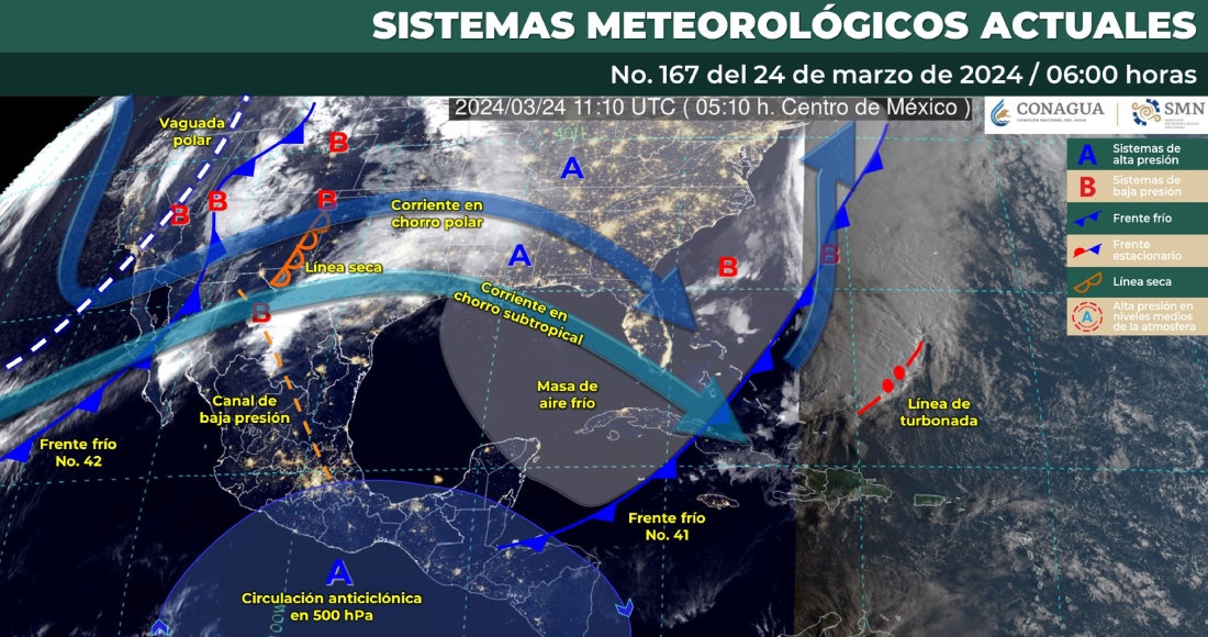 El Servicio Meteorológico Nacional (SMN) informó este domingo que el frente frío número 42 se asociará con una vaguada polar, y las corrientes en chorro polar y subtropical, lo que dará origen a la Octava Tormenta Invernal de la temporada 2023-2024 en el noroeste de México.