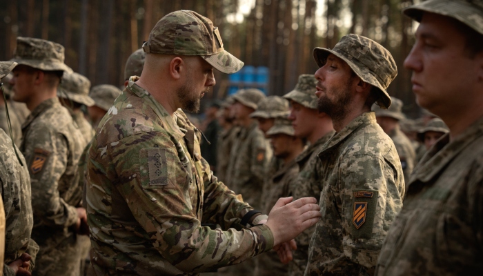 Soldados recién reclutados celebran el final de su instrucción en una base militar cerca de Kiev, Ucrania, el 25 de septiembre de 2023. Ucrania redujo el miércoles 3 de abril de 2024 la edad de reclutamiento de los 27 a los 25 años, en un intento de cubrir la falta de tropas para combatir a Rusia.