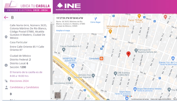 En este ejemplo, se seleccionó la el país "México", la entidad fue "Ciudad de México" y la sección que se buscó fue la "1200".