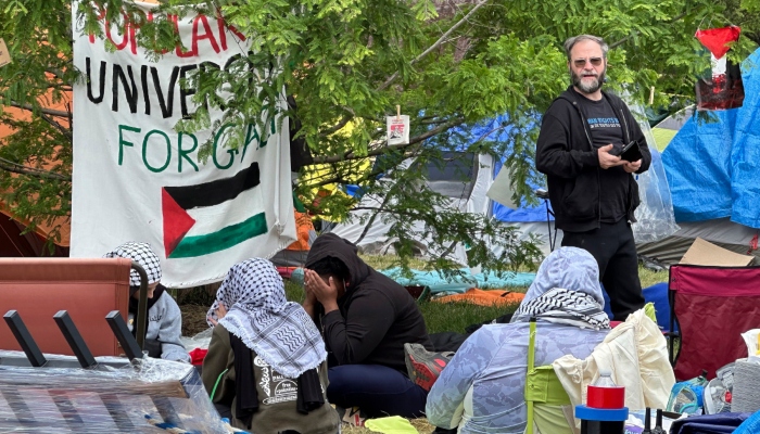En la imagen, un campamento propalestino, el martes 28 de mayo de 2024 en el campus de la Universidad Estatal Wayne en Detroit.