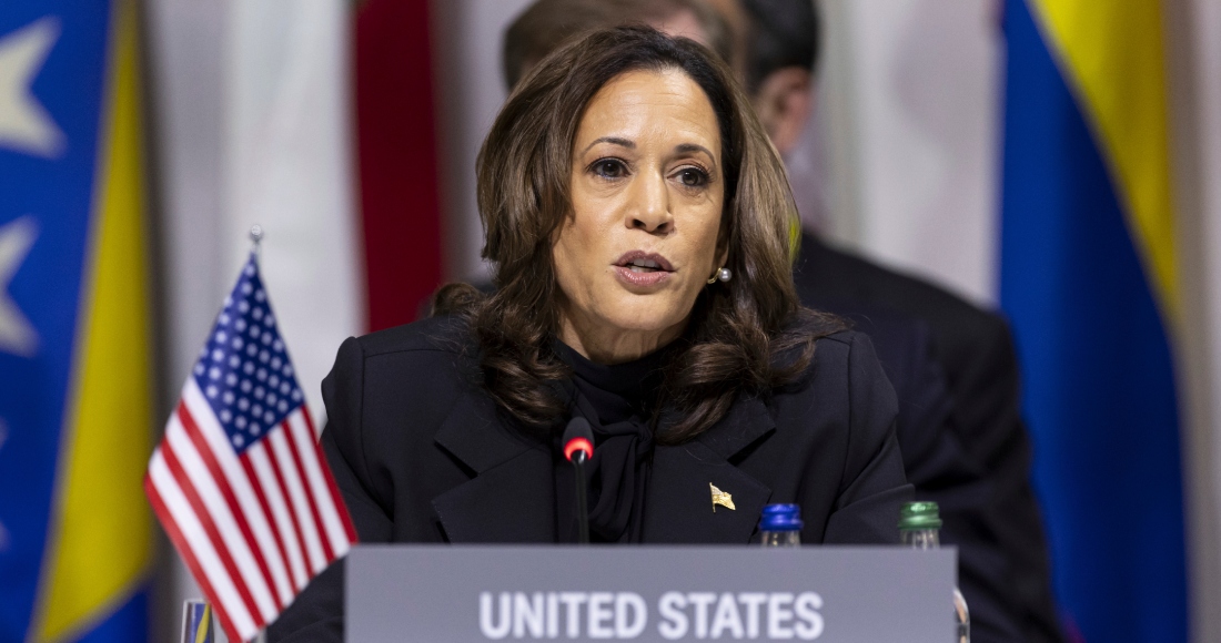La Vicepresidenta estadounidense, Kamala Harris, habla en la sesión plenaria de apertura de la Cumbre de Paz en Ucrania, en Stansstad, Suiza, el sábado 15 de junio de 2024.
