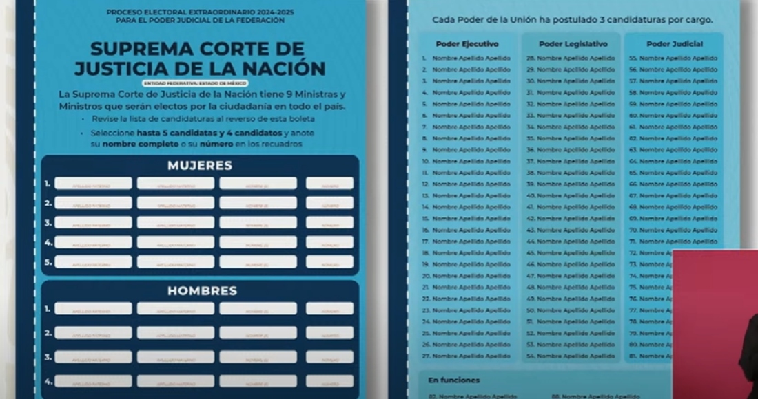 En este ejemplo de boleta electoral, las y los ciudadanos podrán ver los nombres de las candidaturas en el reverso de la boleta, y anotarán en la parte delantera del documento a quienes deseen escoger. 