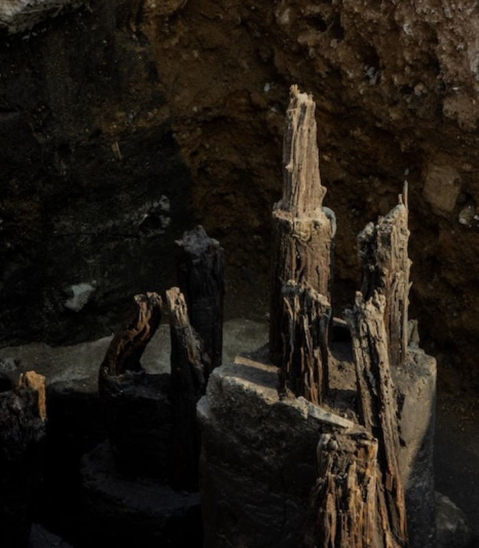 Vestigios del muelle hallados por el INAH.