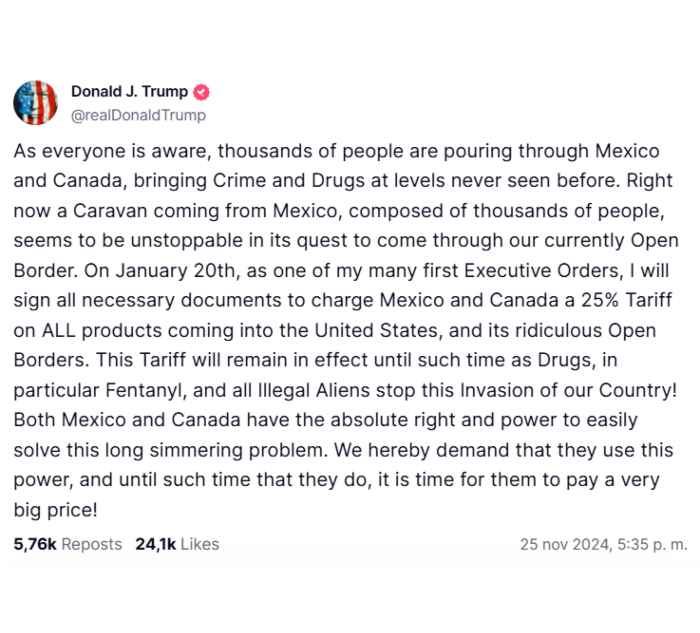 Donald Trump anuncia aranceles para México y Canadá