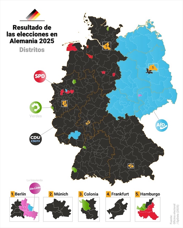 Un mapa con los resultados de las elecciones legislativas celebradas en Alemania.
