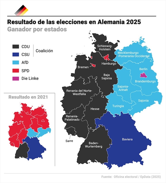 Un mapa con los resultados de las elecciones legislativas que se celebraron el 23 de febrero de 2025 en Alemania.