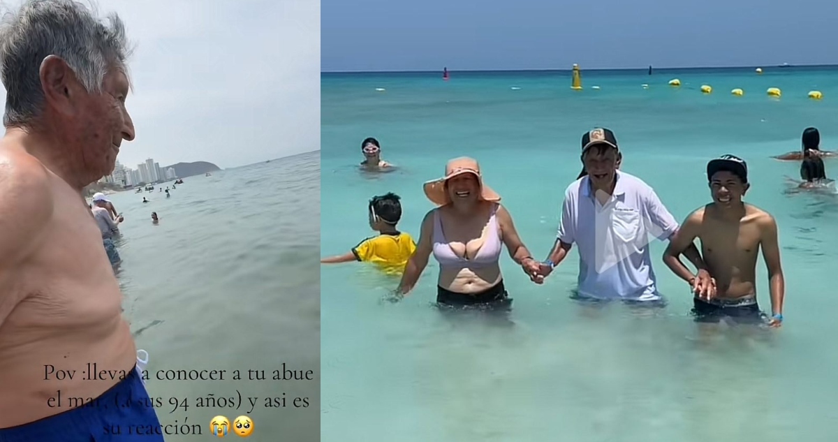 Abuelo conoce el mar por primera vez.