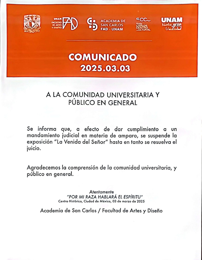 La exposición "La venida del Señor", del artista plástico Fabián Chairéz, tuvo que suspender su exhibición en la Antigua Academia de San Carlos esta semana derivado de la resolución de un juicio de amparo indirecto que concedió un Juez a grupos conservadores.