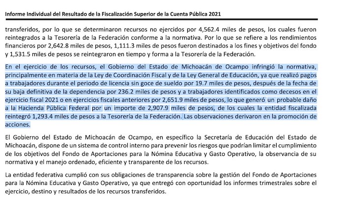 La ASF encontró irregularidades en el uso del Fondo de Aportaciones para la Nómina Educativa y Gasto Operativo de Michoacán en 2021. 