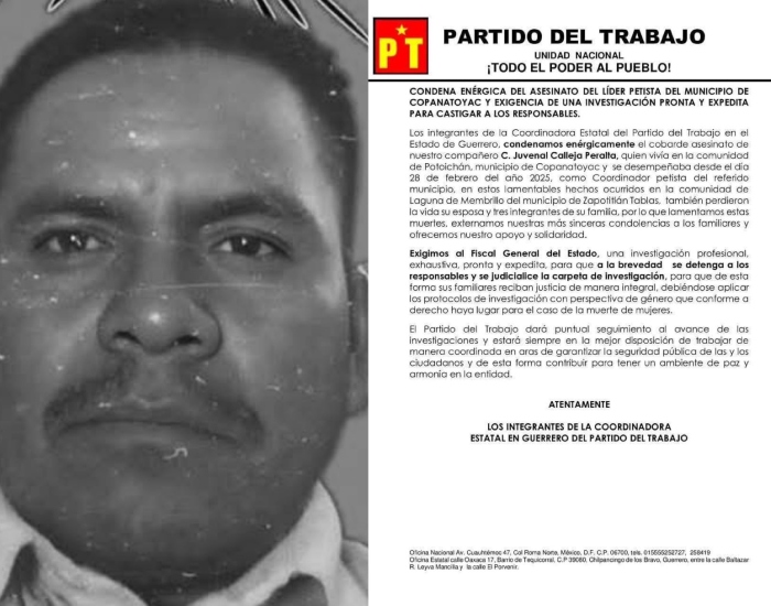 Líder local del PT, su esposa e hijo son asesinados en Guerrero ; FGE investiga.