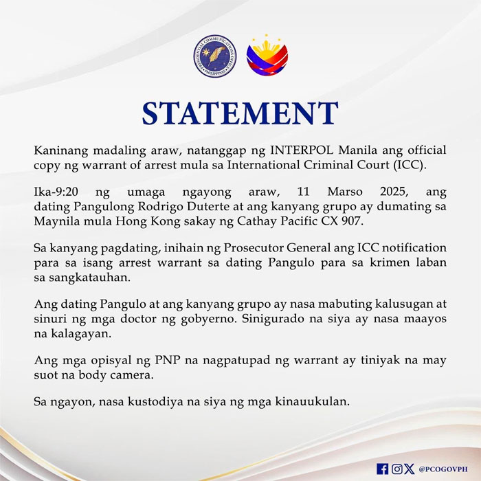 Rodrigo Duterte, expresidente de Filipinas, es arrestado por crímenes contra la humanidad