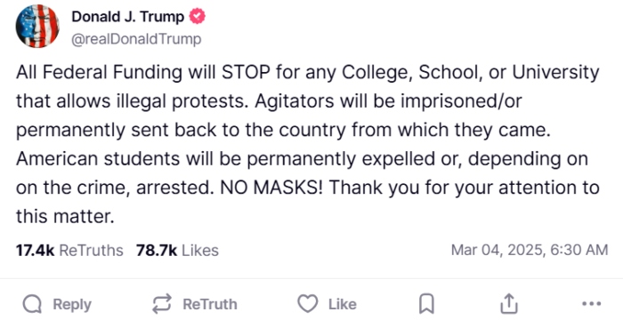 Trump cesará fondos a escuelas con "protestas ilegales"