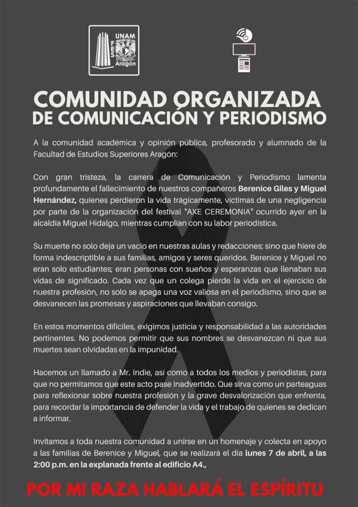 Comunidad de la FES Aragón lamenta muerte de fotógrafos en el AXE Ceremonia