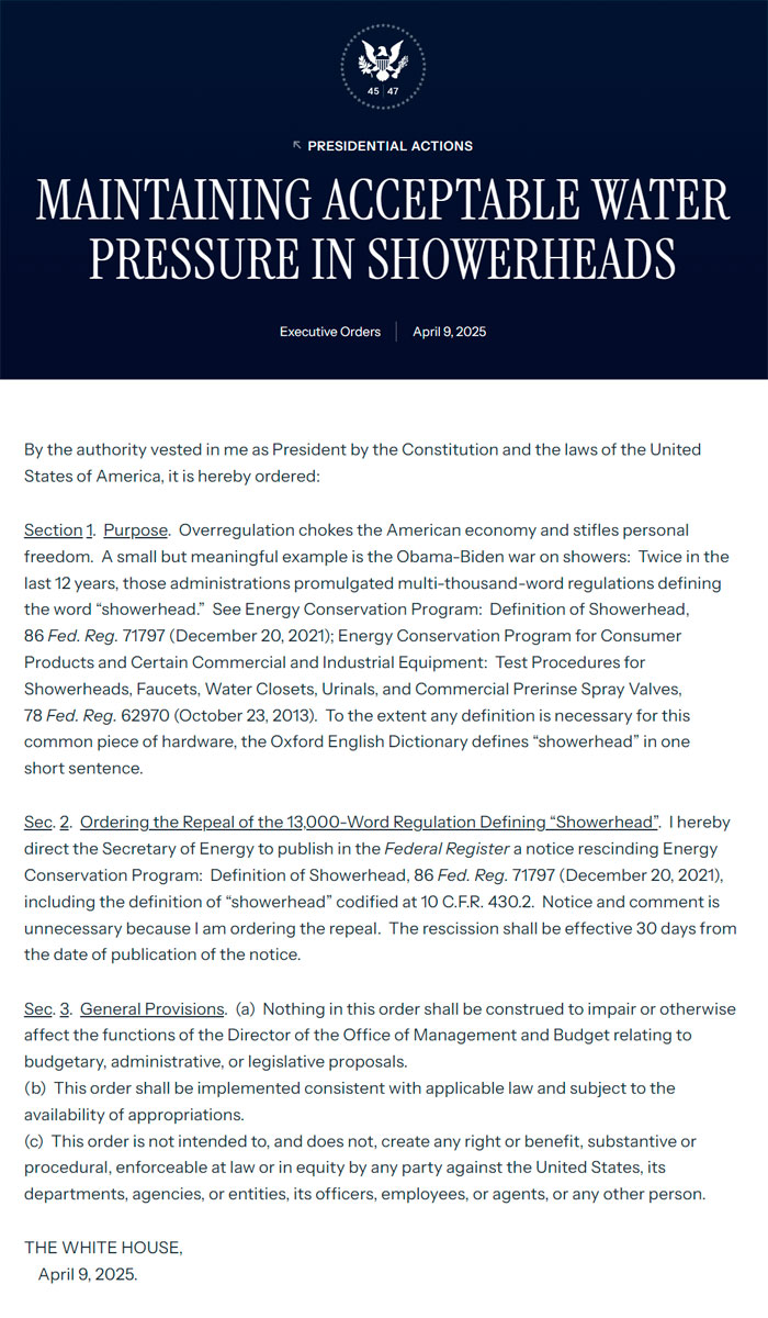 Trump firma orden ejecutiva para aumentar la presión de las duchas en Estados Unidos