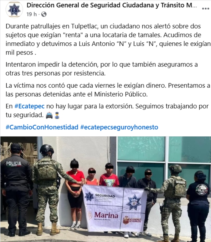 Extorsionadores en Ecatepec caen.