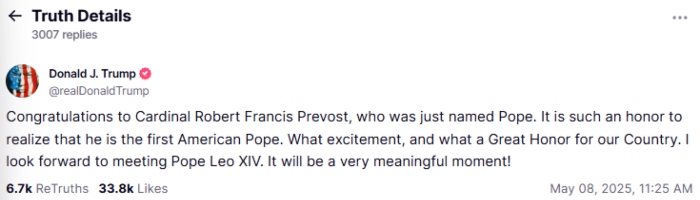 Líderes políticos y religiosos felicitan al Papa León XIV.