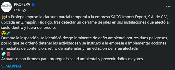 Profepa clausura la minera Sago Import Export en Hidalgo