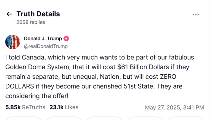 Trump ofrece a Canadá unirse "gratis" a la 'Cúpula Dorada' a cambio de ser estado 51.