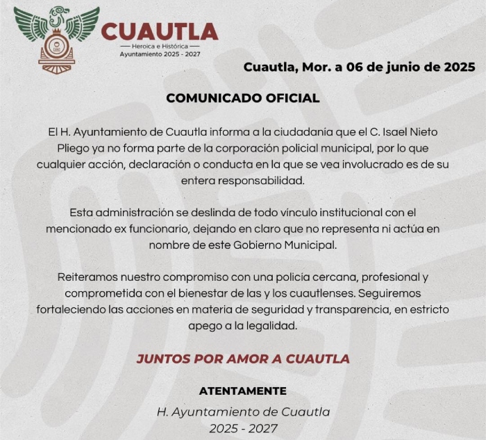 Ayuntamiento de Cuautla se deslinda de exsecretario de seguridad.