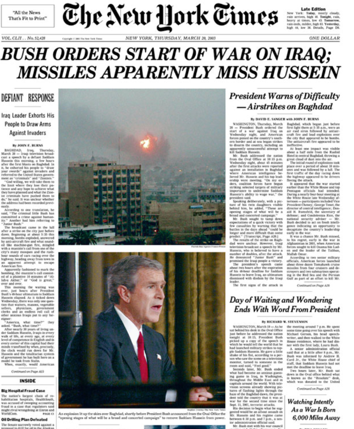 Los medios corporativos fueron señalados por avalar las mentiras del Gobierno de Bush Jr. sin cuestionarlas.