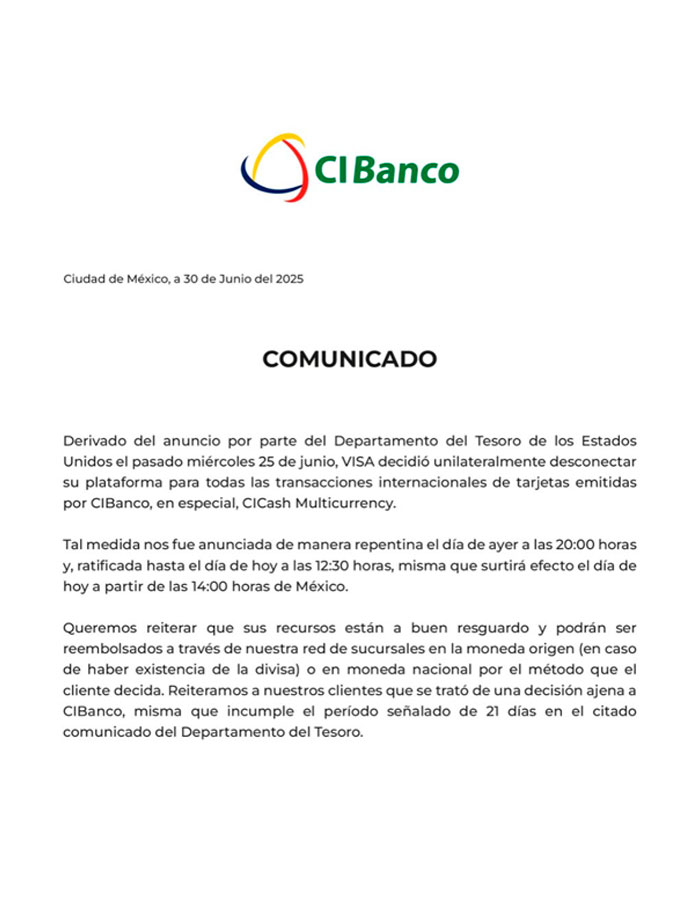 Visa cancela transacciones internacionales con CIBanco