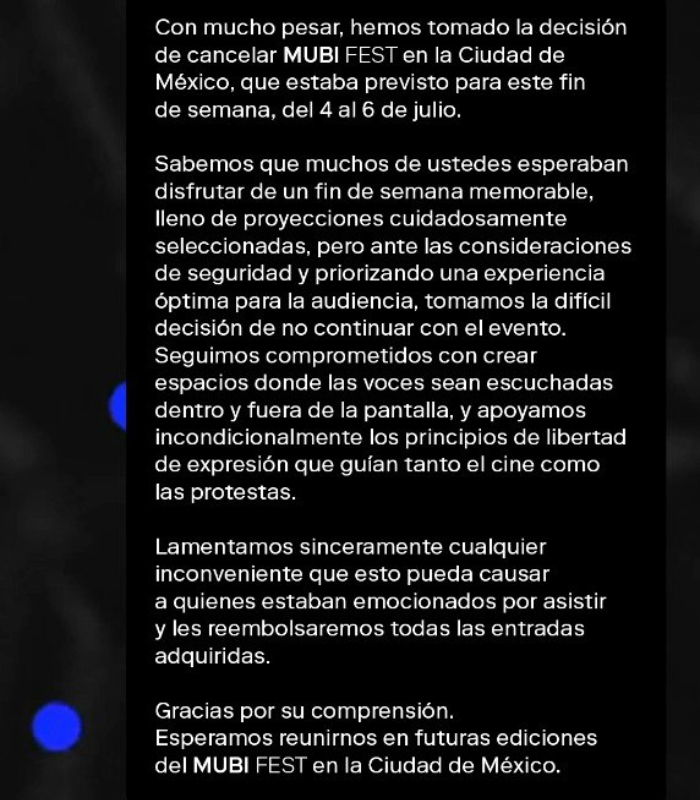 Comunicado de Mubi Fest.
