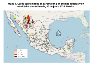 Casos confirmados de sarampión por entidad federativa y municipios de residencia, al 30 de junio de 2025.