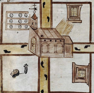El fragmento de la iglesia en la copia del Mapa de Popotla en posesión de la Biblioteca Nacional de Viena.