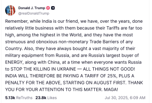 Una publicación de Donald Trump sobre la imposición de aranceles a India del 25% para el 1 de agosto.