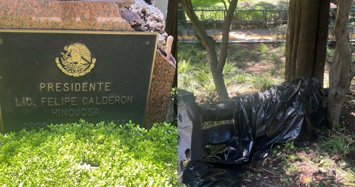 La estatua de Calderón fue derrumbada por un árbol y posteriormente embolsada por personal de Los Pinos.