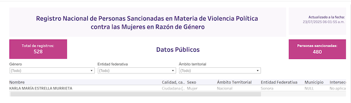 Karla Estrella aparece en el Registro Nacional de Personas Sancionadas por violencia política de género por sus dichos sobre la Diputada Diana Barreras.