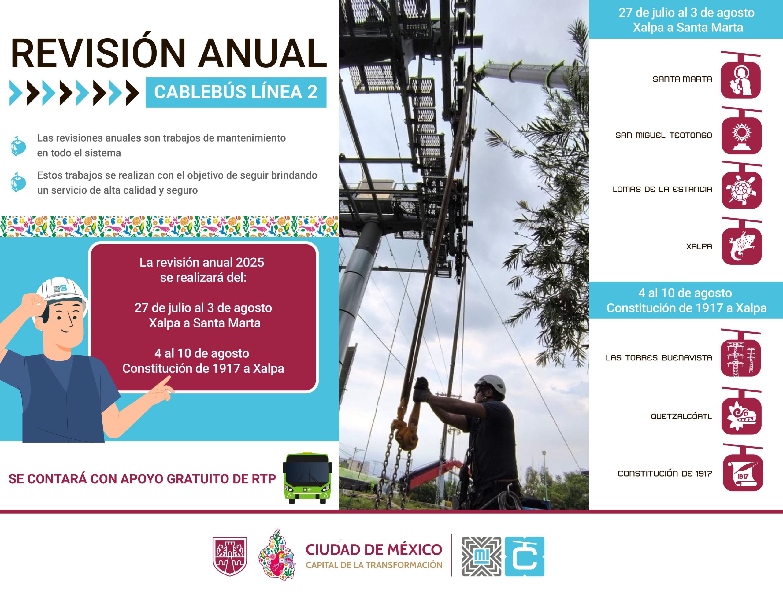 La revisión anual de los sistemas en las tres líneas del Cablebús de la CdMx se llevará a cabo durante los meses de julio y agosto.