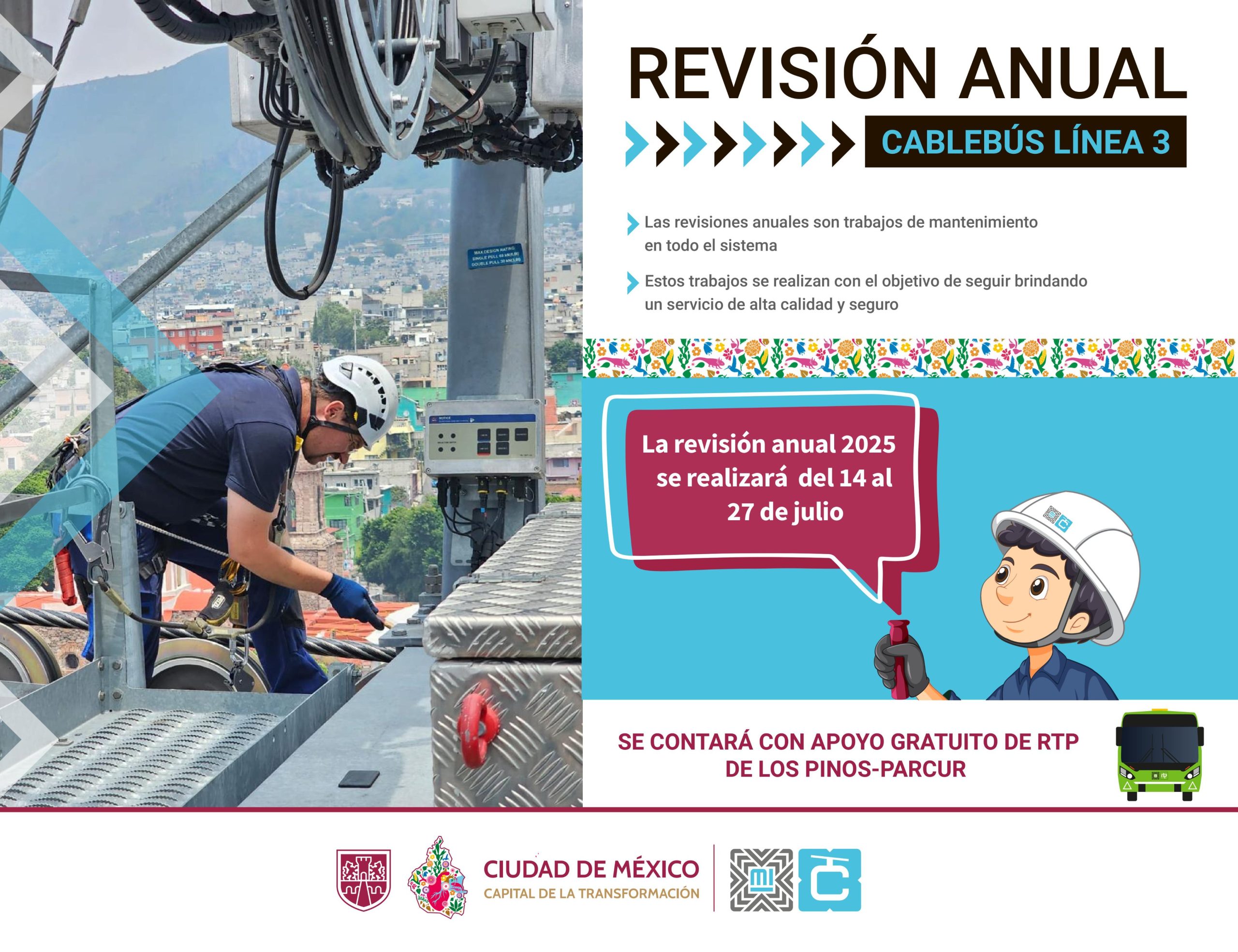 La revisión anual de los sistemas en las tres líneas del Cablebús de la CdMx se llevará a cabo durante los meses de julio y agosto.