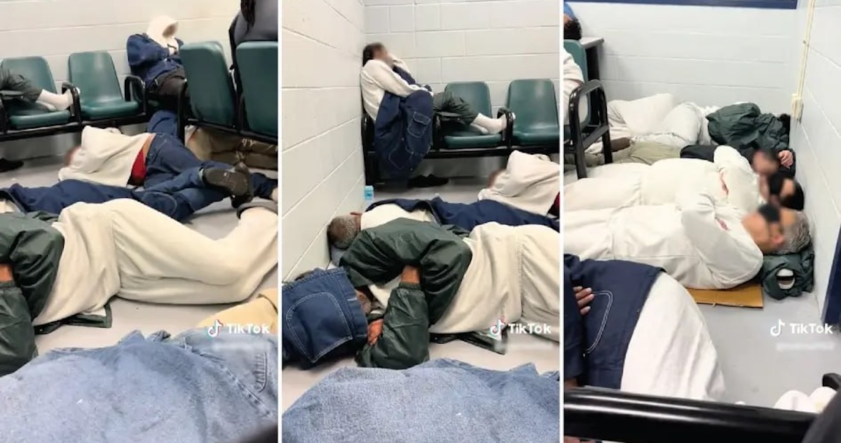 Capturas de pantalla de un vídeo publicado en TikTok en el que se ve una celda hacinada, aparentemente en el centro de detención de Krome, a finales de marzo.